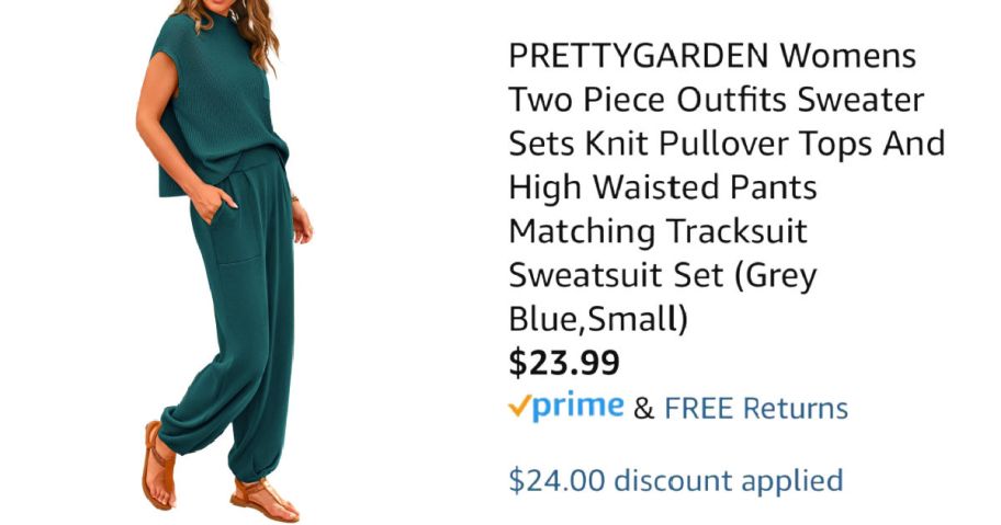 woman wearing green track suit next to Amazon pricing information