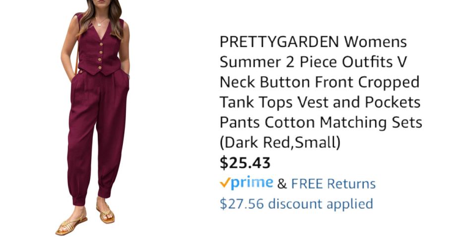 woman wearing maroon outfit next to Amazon pricing information