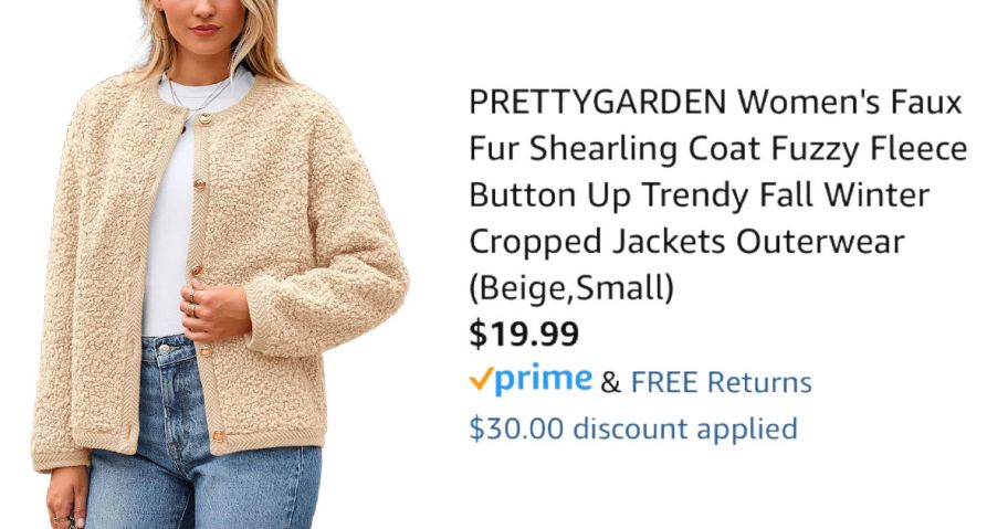 woman wearing beige jacket nex to Amazon pricing information