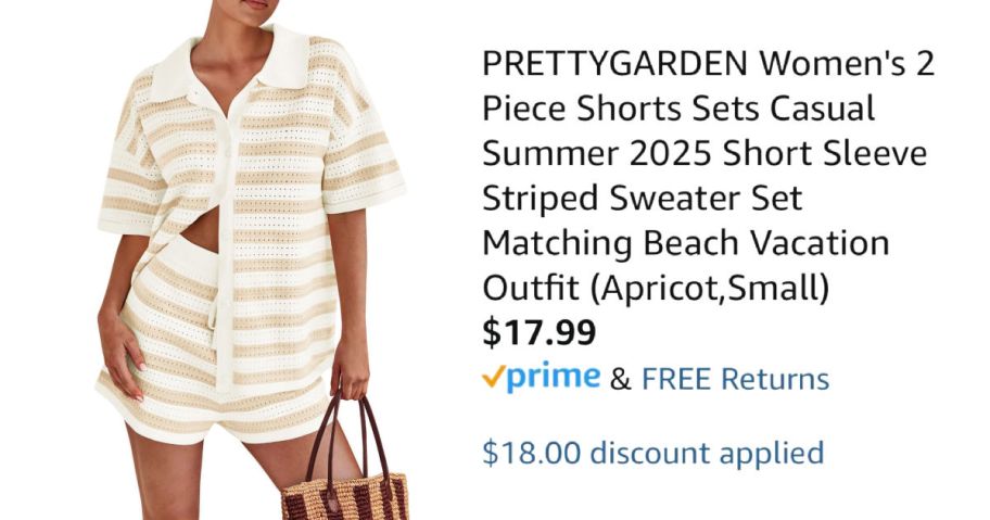 woman wearing striped outfit next to Amazon pricing information