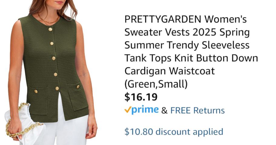 woman wearing green sweater vest next to Amazon pricing information