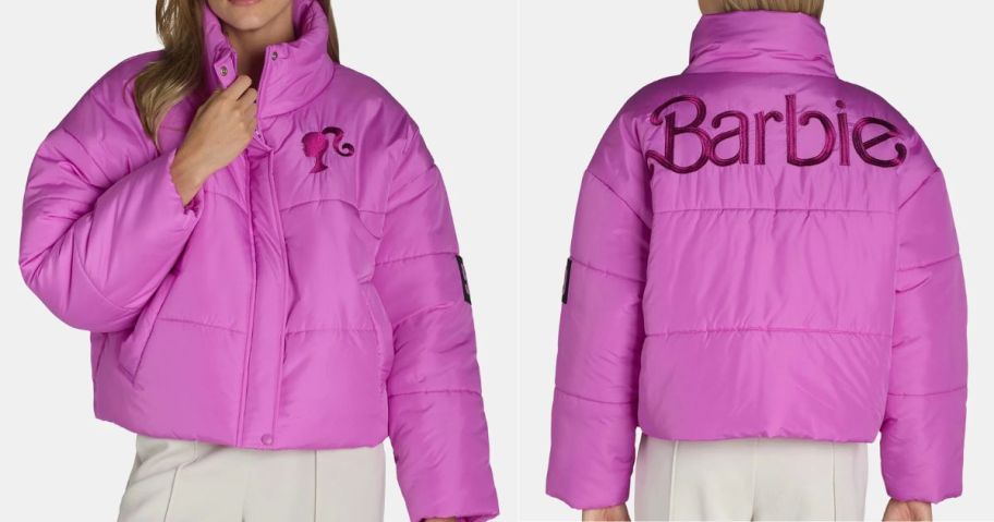 woman wearing Barbie Women's Officially Licensed Puffer Jacket