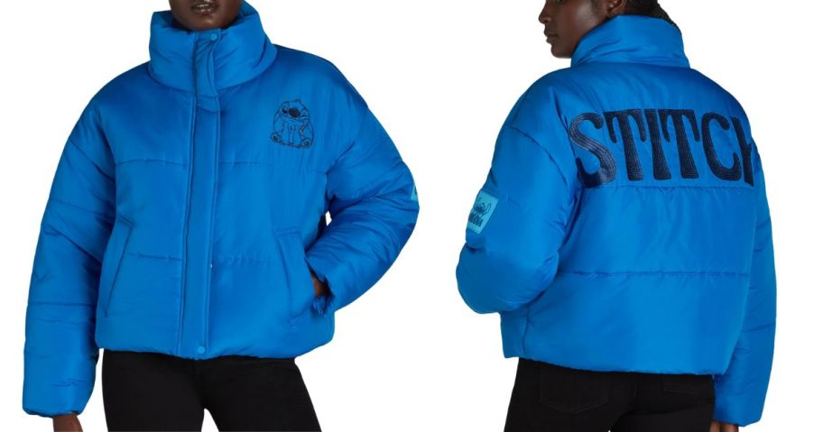 woman wearing Stitch Women's Officially Licensed Puffer Jacket