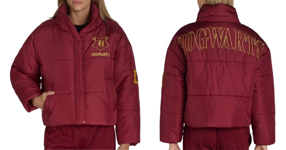 woman wearing Harry Potter Hogwarts Women's Officially Licensed Puffer Jacket