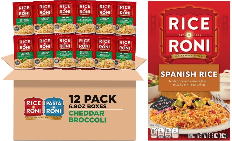 a 12 pack of cheddar broccoli rice a roni and a box of spanish rice aroni