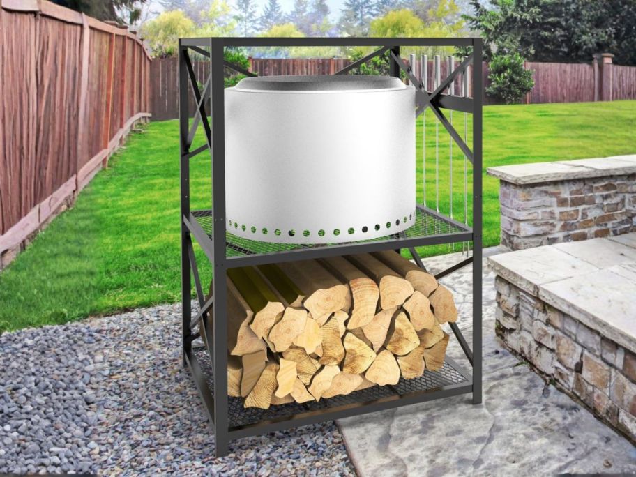 Member's Mark KABIN 65lb Campfire Caddy with fire pit and firewood stored on it