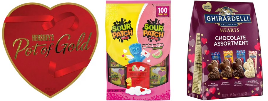 hersheys heart, sour patch bag and ghirardelli bag 