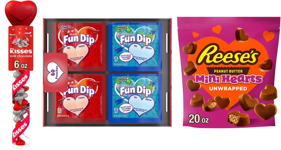 hersheys candy cane, fun dip box and reeses hearts bag 