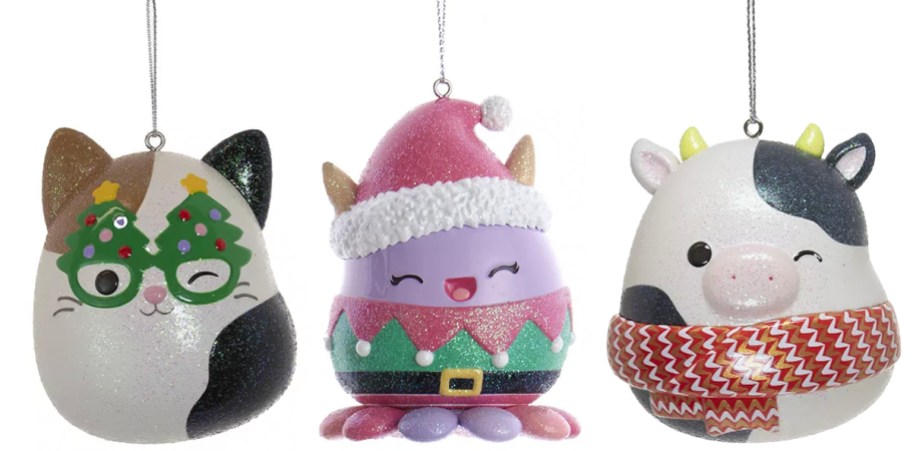 cat, octopus and cow squishmallow christmas ornaments