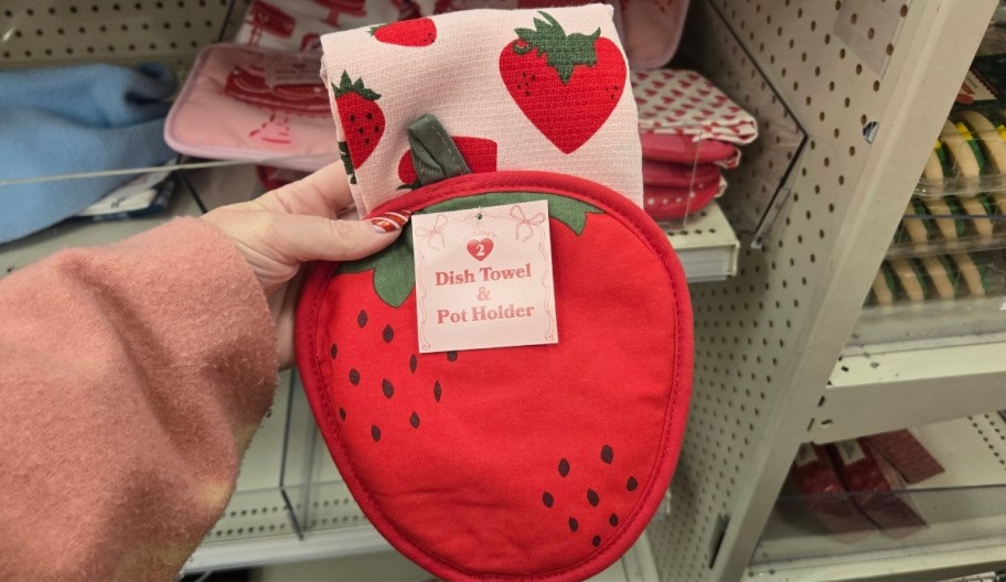 strawberry valentines day themed potholder and dish towel set