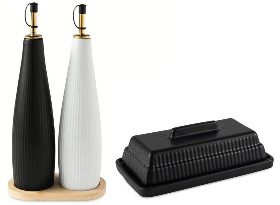 black and white thyme and table oil and vinegar set and a black butter dish