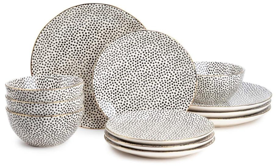 black and white polka dot Thyme & Table 12-Piece Dinnerware Stoneware Set