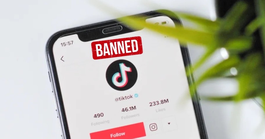 phone with tiktok and banned flag on top