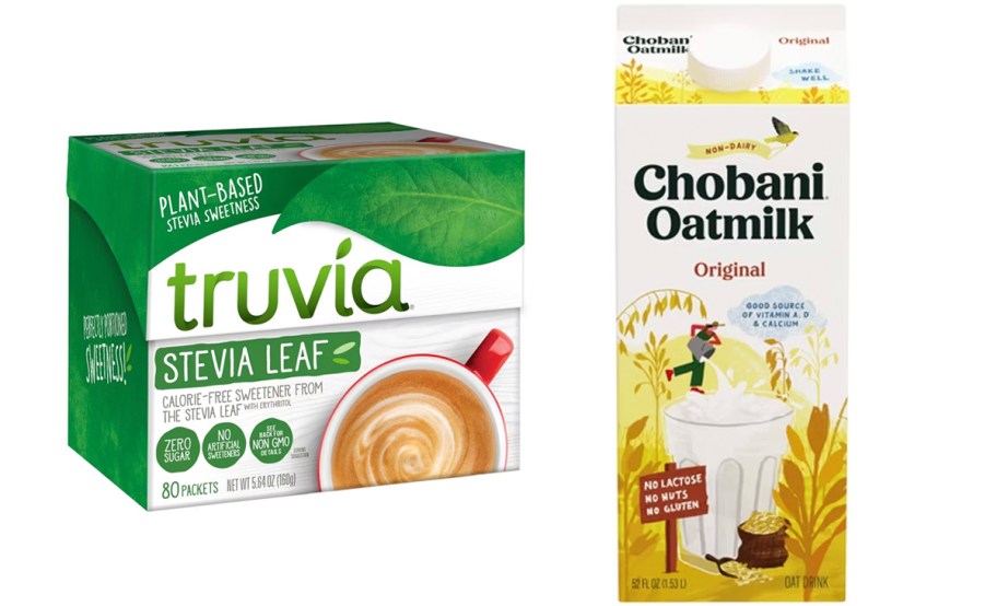 truvia sweetener box and chobani oatmilk carton