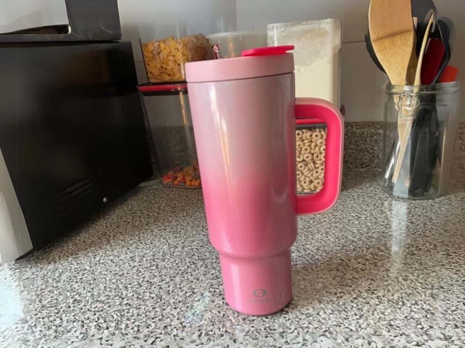 pink 40oz tumbler on kitchen counter