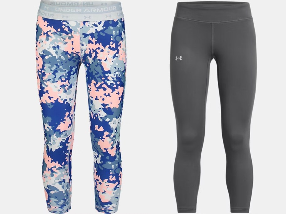 blue and pink printed and gray leggings 