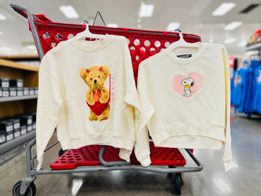 two sweatshirts hanging on target cart