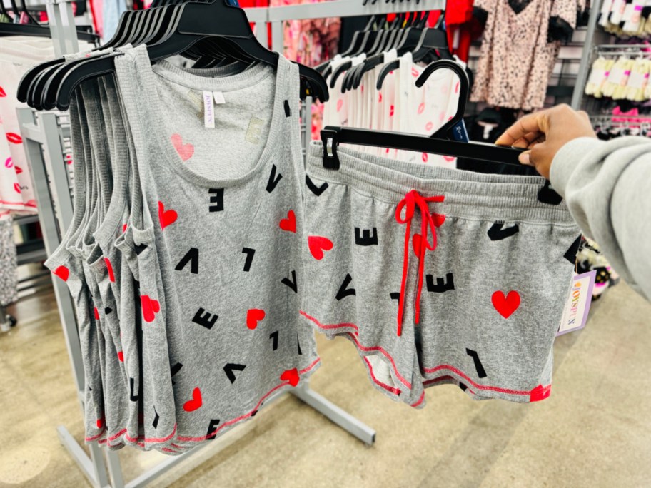 gray tank and sleep shorts with hearts