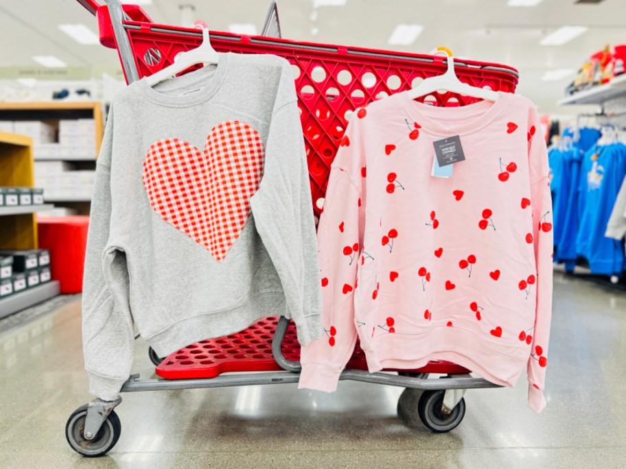 two sweaters hanging on target cart