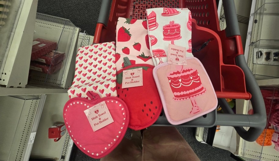 3 valentines day themed potholder and dish towel sets