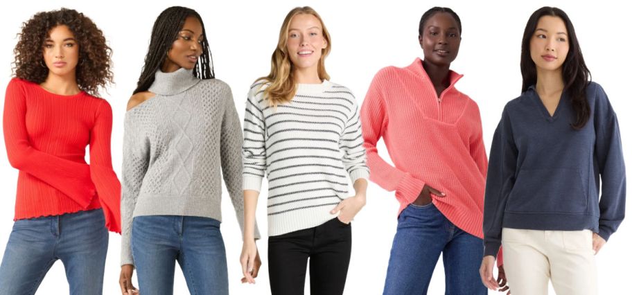 5 women modeling sweaters on a white background