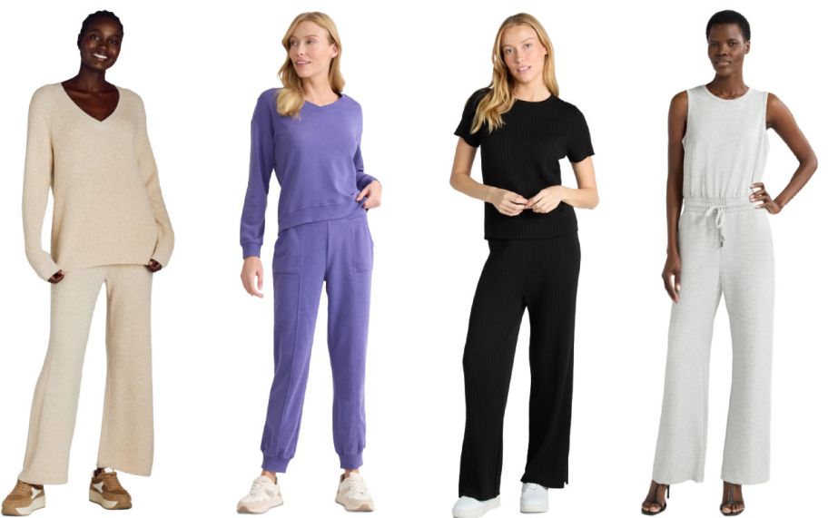 4 women wearing lounge sets on a white background