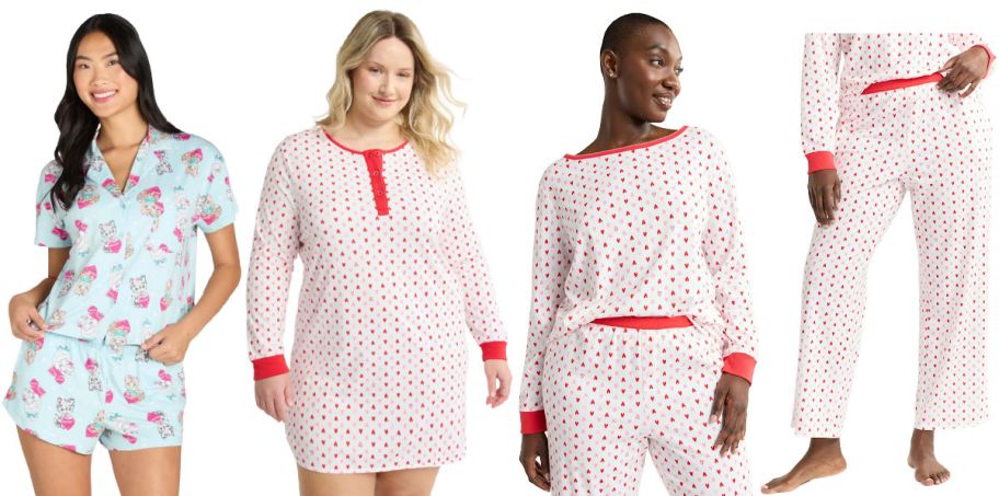 4 women modeling pajamas on a white background