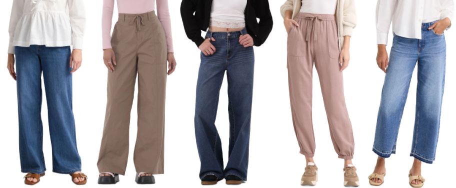 5 women modeling pants on a white background