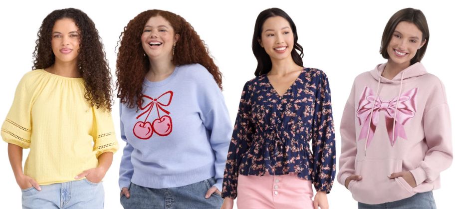 4 women modeling shirts on a white background