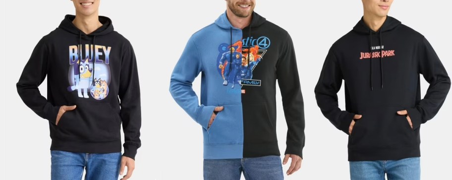 men wearing bluey, fantastic four, and jurassic park hoodies 