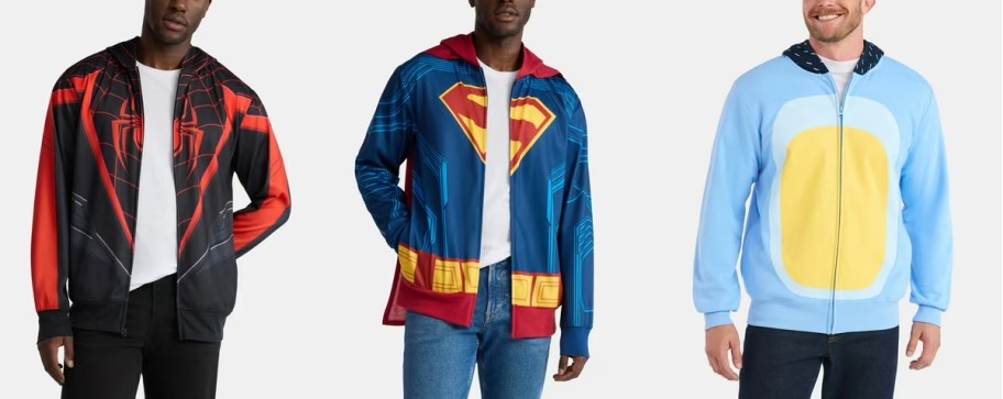 men wearing spiderman, superman, and bluey 