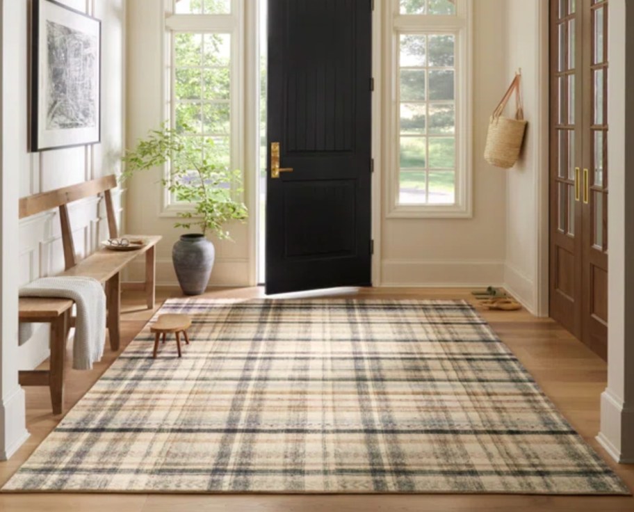 plaid area rug in hallway