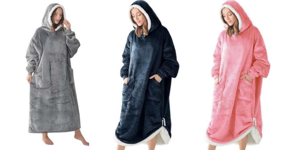 women wearing gray, blue and pink wearable blanket hoodies