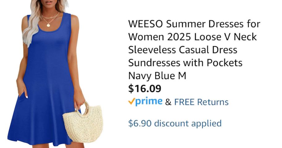 woman wearing blue dress next to Amazon pricing information