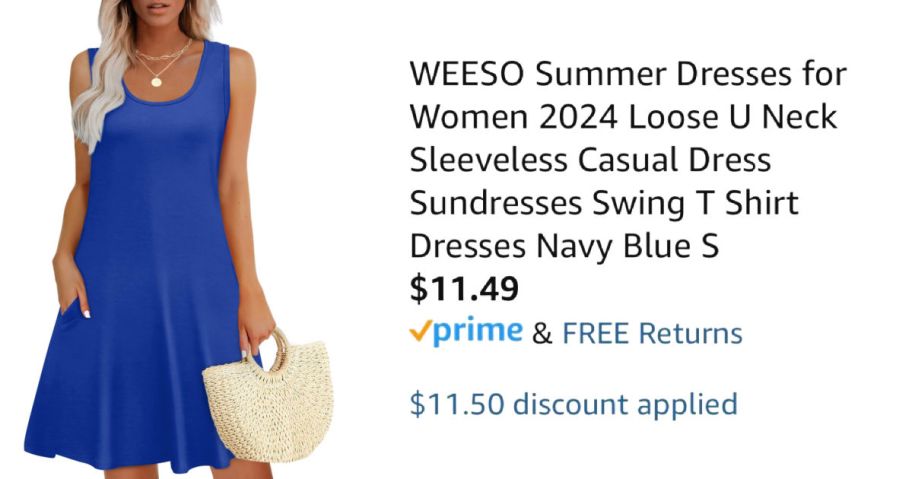 woman wearing blue dress next to Amazon pricing information