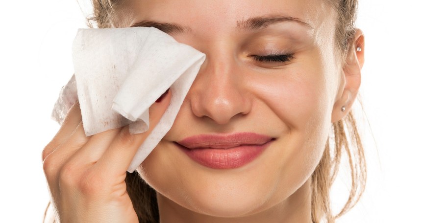 woman cleaning face with wipe