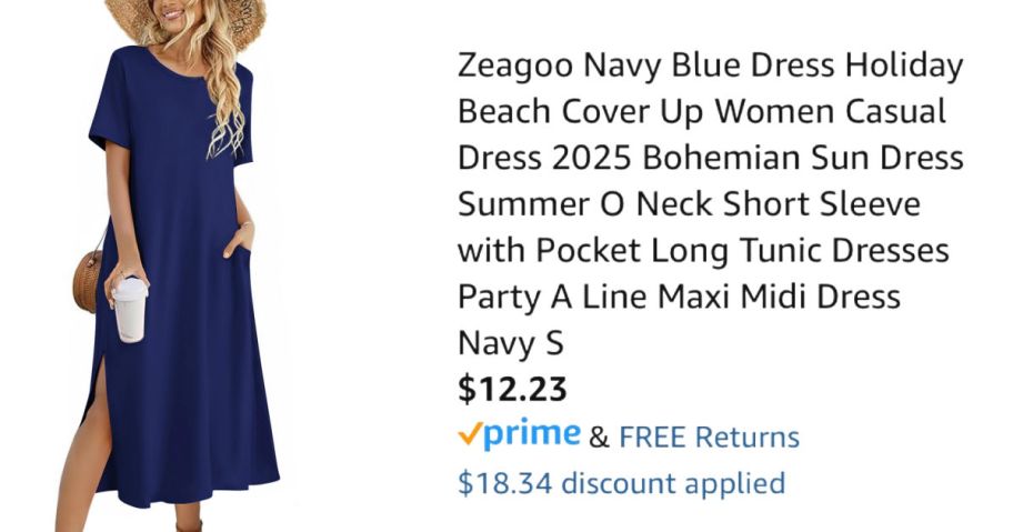 woman wearing blue dress next to Amazon pricing information 