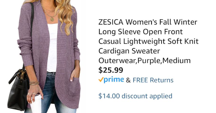 woman wearing purple cardigan next to Amazon pricing information