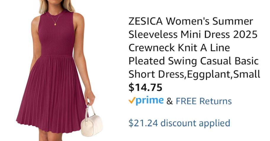 woman wearing burgundy dress next to Amazon pricing information