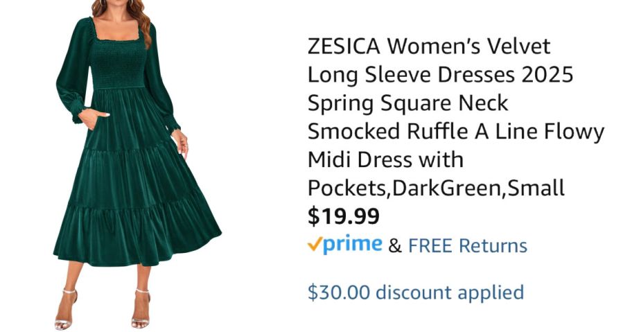 woman wearing green dress next to Amazon pricing information