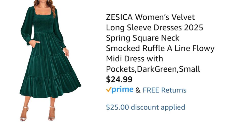 woman wearing green dress next to Amazon pricing information