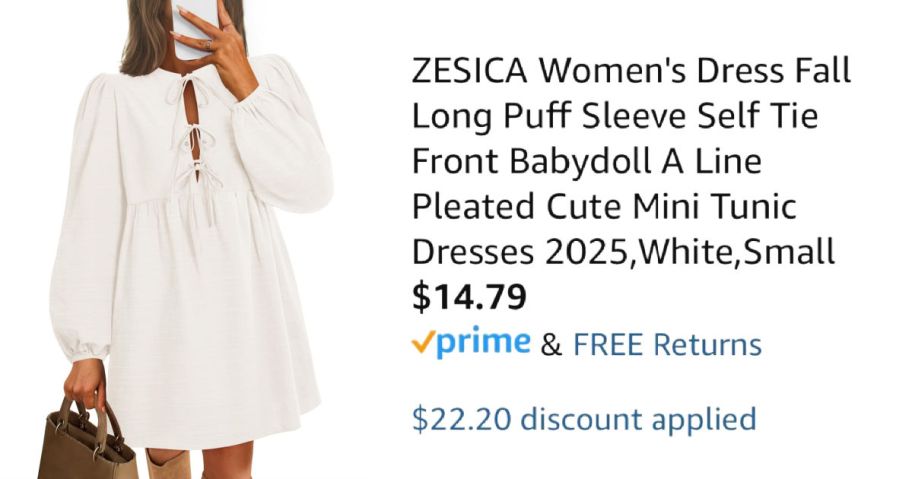 woman wearing white mini dress next to Amazon pricing information