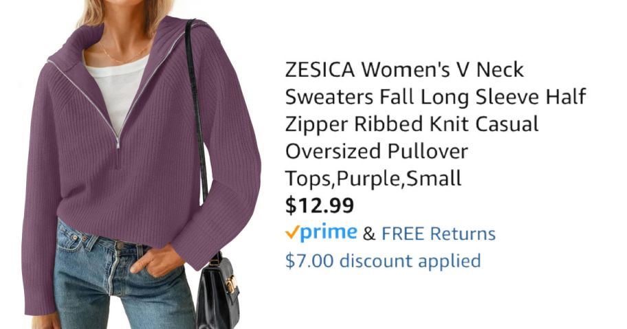 woman wearing purple half-zip next to Amazon pricing information