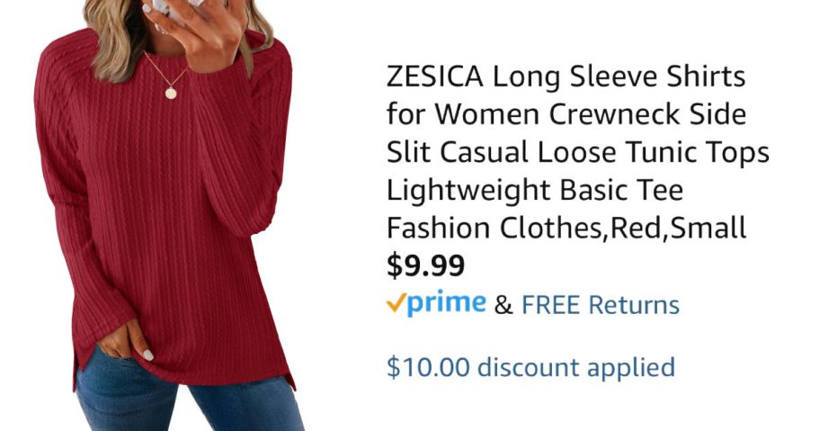 woman wearing red shirt next to Amazon pricing information