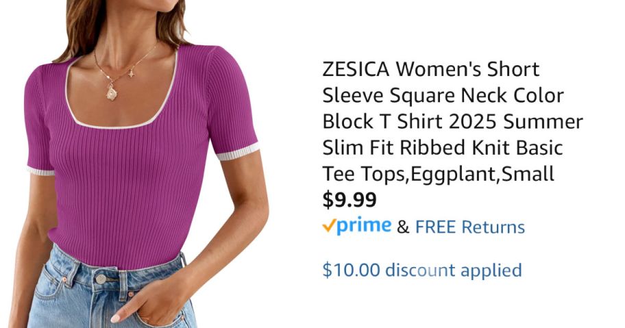 woman wearing purple shirt next to Amazon pricing information