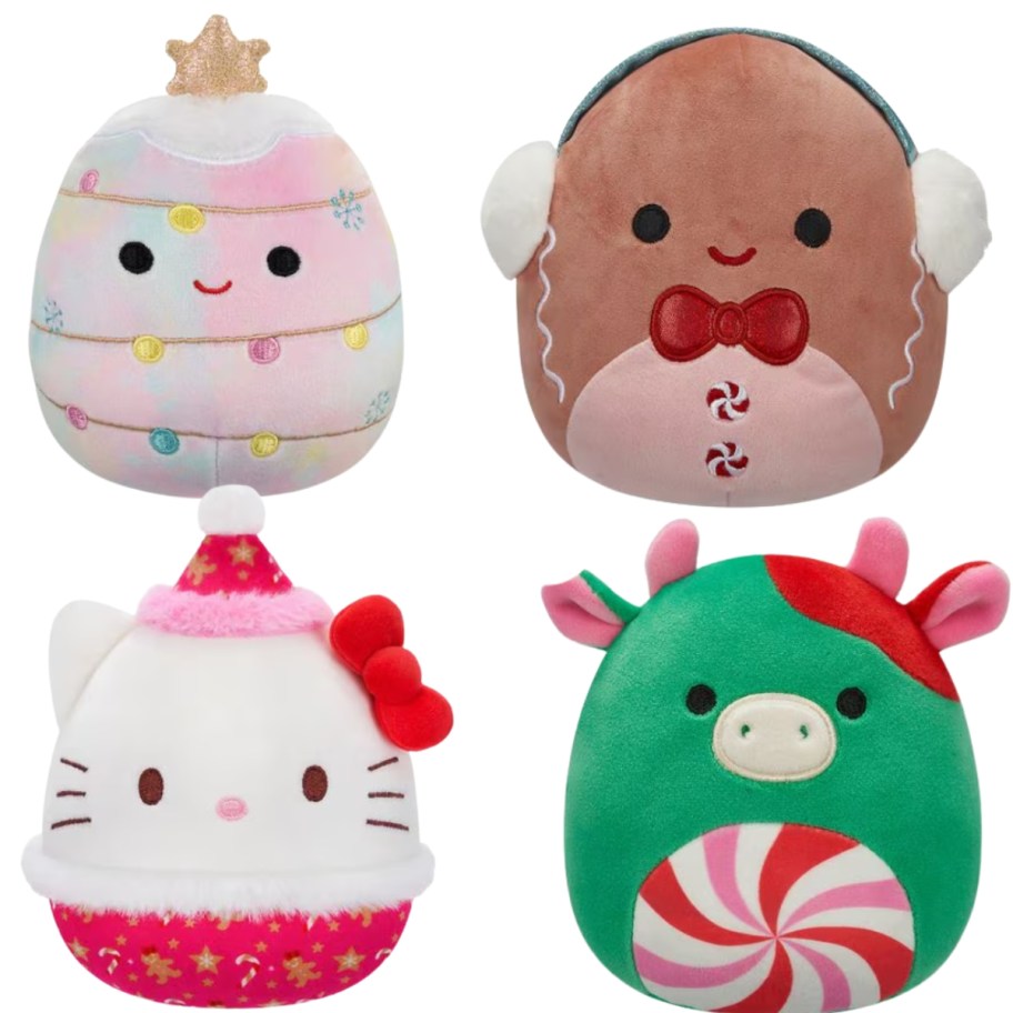 4 small holiday Squishmallows - Christmas Tree, Gingerbread Man, Hello Kitty, and Peppermint Cow