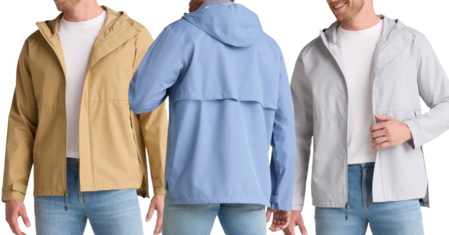 3 men wearing a rain coat in different colors