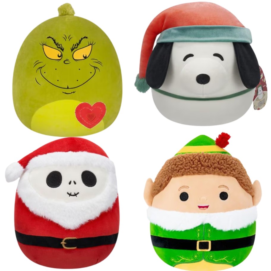 4 holiday Squishmallows - Grinch, Snoopy, Jack Skellington as Santa, and Buddy the Elf