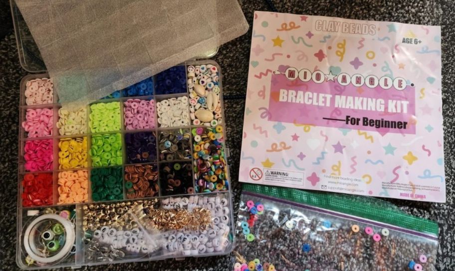 a bracelet making kit box showing beads, and included accessories