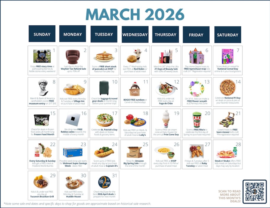march 2026 march sales calendar graphic with various march deals and sales in 2026